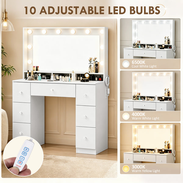 Vanity Table with 10 Dimmable LED Lights and Charging Station, White