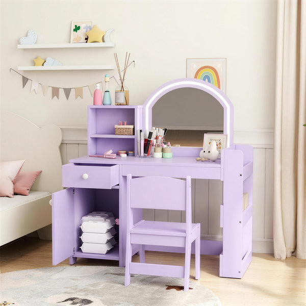Children's vanity with dual-tone LED mirror, storage, and chair, mauve