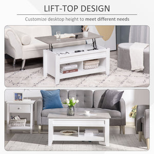 Lift-top coffee table with hidden storage compartment and open shelves, white