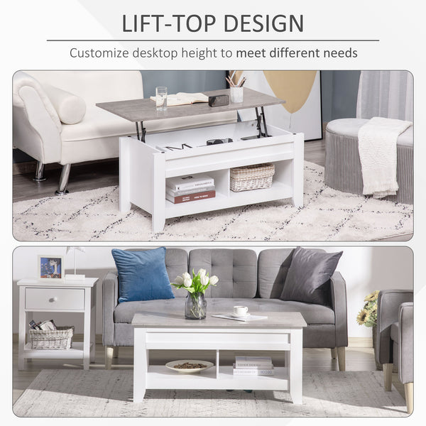 Lift-top coffee table with hidden storage compartment and open shelves, white