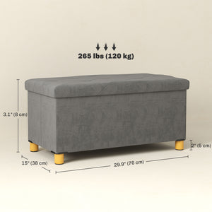 Velvet Upholstered Storage Bench with Wooden Legs, Grey
