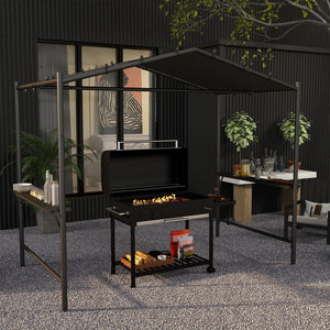 Barbecue shelter with steel frame and serving shelves, dark grey