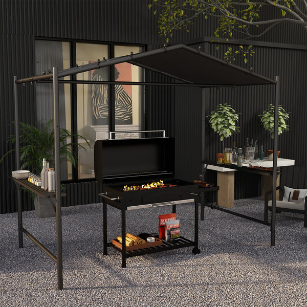 Barbecue shelter with steel frame and serving shelves, dark grey
