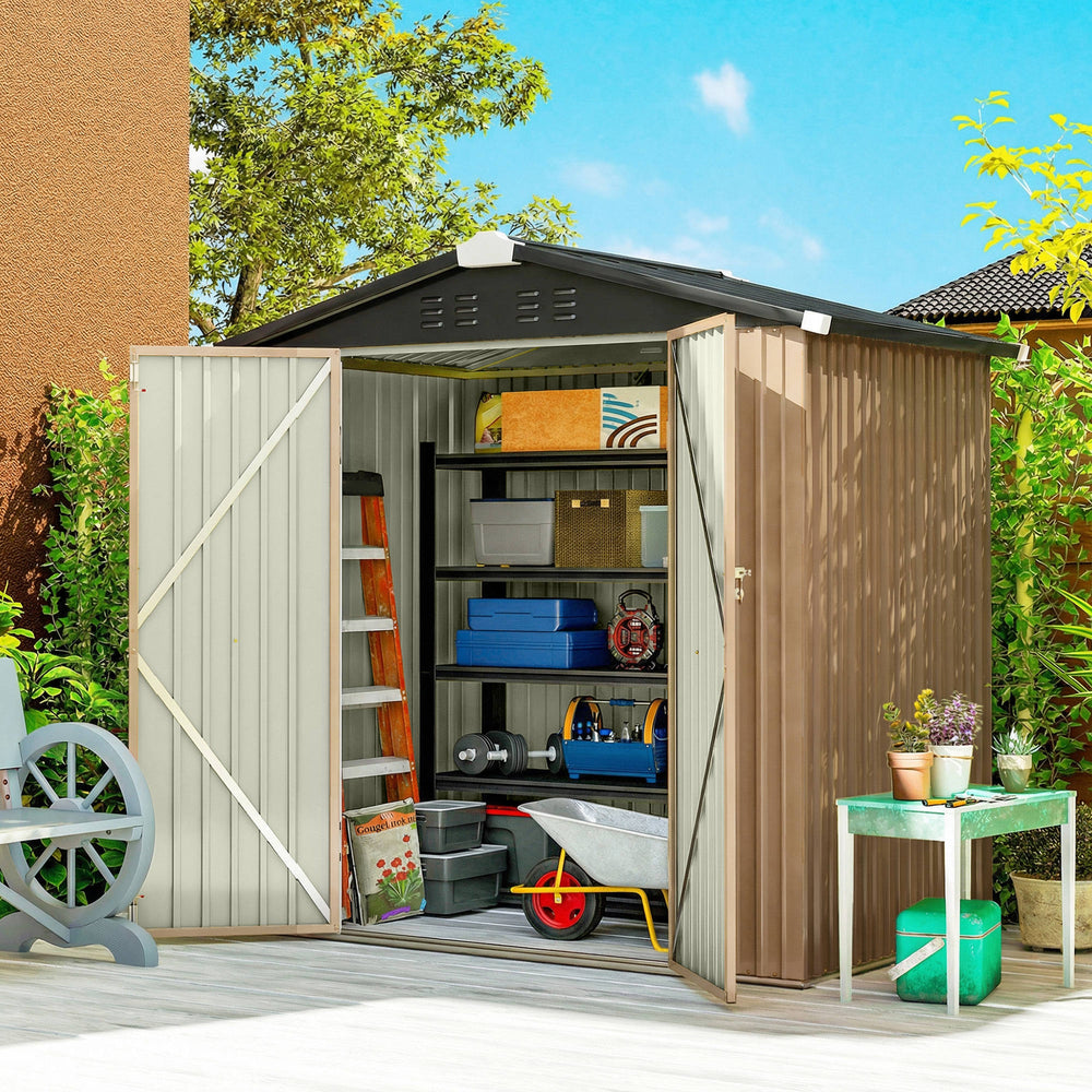 Metal garden shed, with lockable double door and 4 vents, brown.