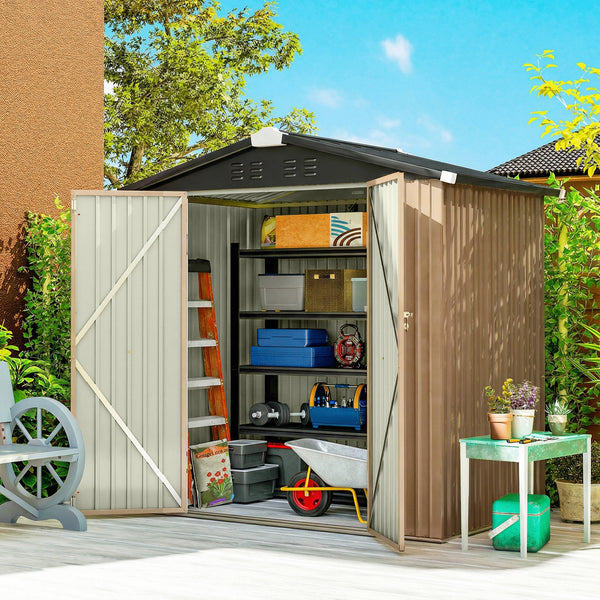 Metal garden shed, with lockable double door and 4 vents, brown.