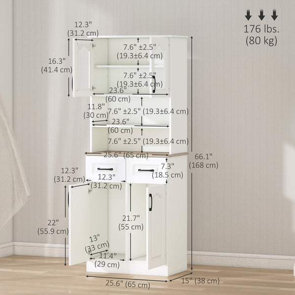 Freestanding storage unit with 2 adjustable shelves, 2 drawers, open countertop and glass doors, white