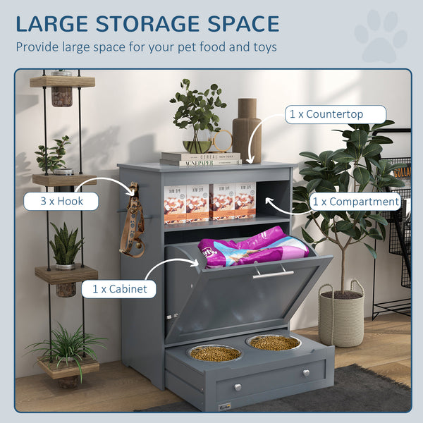 Grey food storage cabinet with elevated bowls