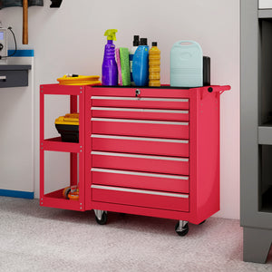 Mobile steel tool chest with 7 lockable drawers and side shelf, red