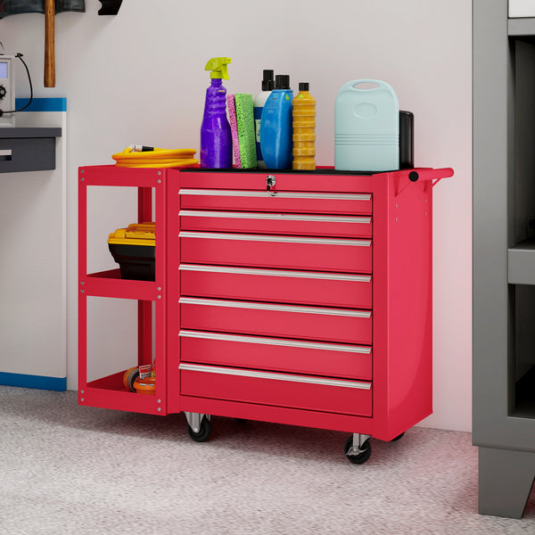 Mobile steel tool chest with 7 lockable drawers and side shelf, red