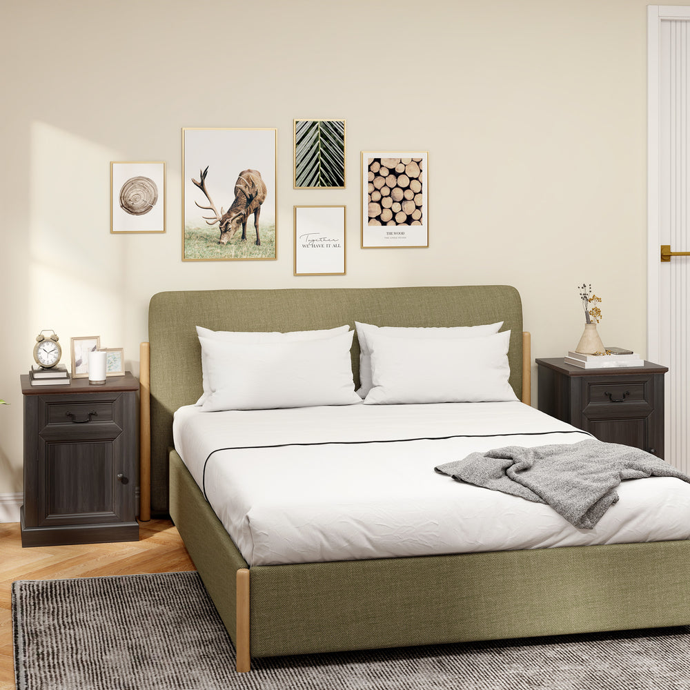 Set of 2 bedside tables with 2 storage drawers and steel legs, black wood finish.