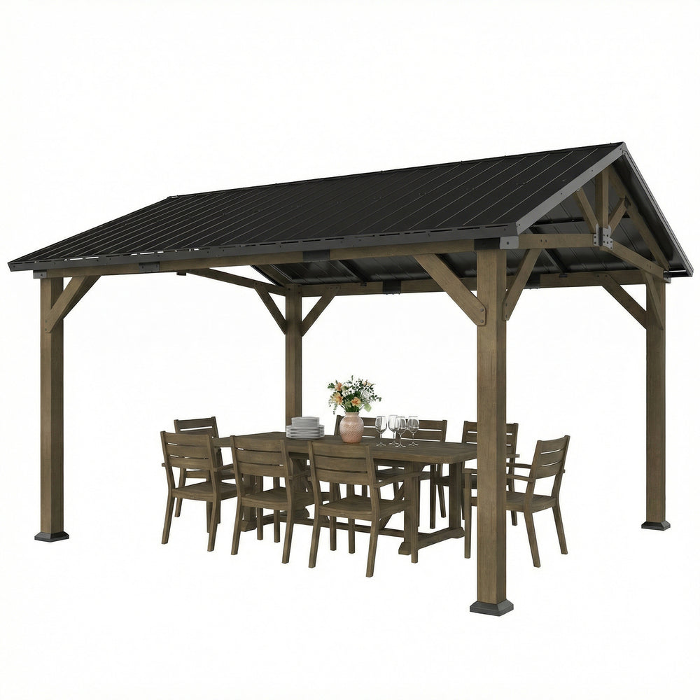 Rigid garden canopy with galvanized steel roof, fir wood frame and central patio hook, black and gray