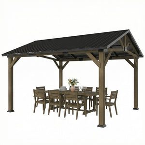 Rigid garden canopy with galvanized steel roof, fir wood frame and central patio hook, black and gray