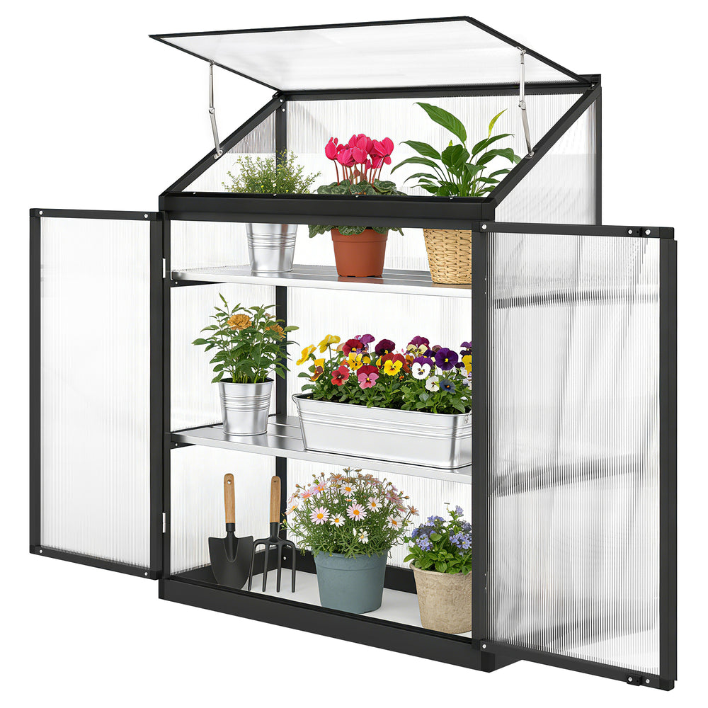 Polycarbonate garden greenhouse with shelves, black 