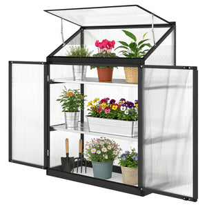 Polycarbonate garden greenhouse with shelves, black 