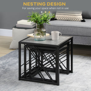 Set of 3 square nesting tables with metal frame, gray