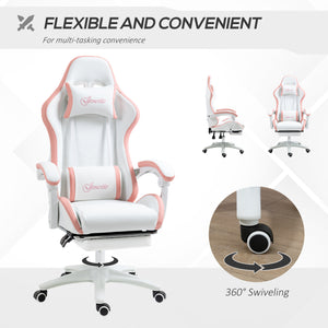 PU leather gaming chair with footrest, reclining backrest, white