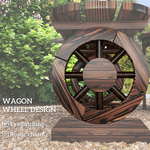 Wooden garden bench with wagon wheel legs, charred