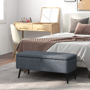 Linen Upholstered Storage Ottoman Bench with Steel Legs, Dark Grey