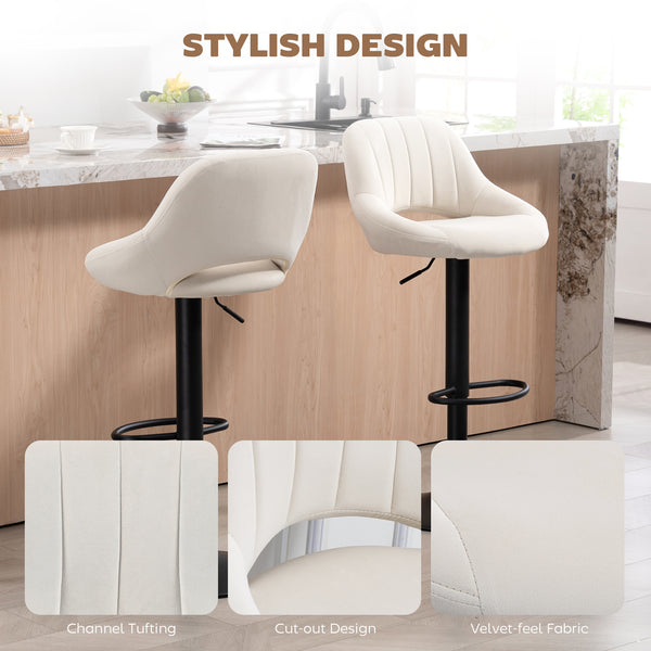 Set of 2 swivel counter-height bar stools with openwork backrest and adjustable height, cream.