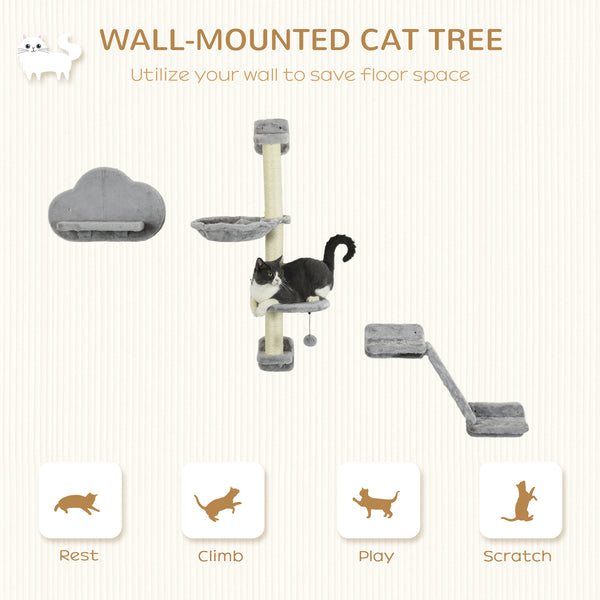 Cat shelves with hammock, scratching post and platforms, grey