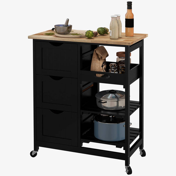 Kitchen trolley on wheels, kitchen island with wooden top, 3 drawers and shelves for dining room, black