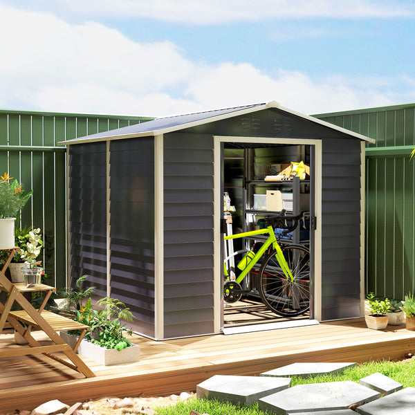 Improved galvanized metal garden shed with lockable doors, dark grey