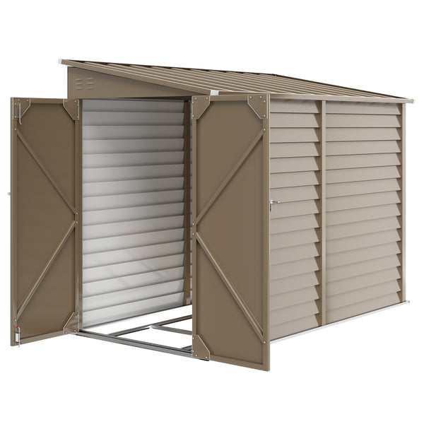 Lean-to steel garden shed with foundation kit, lockable doors, brown