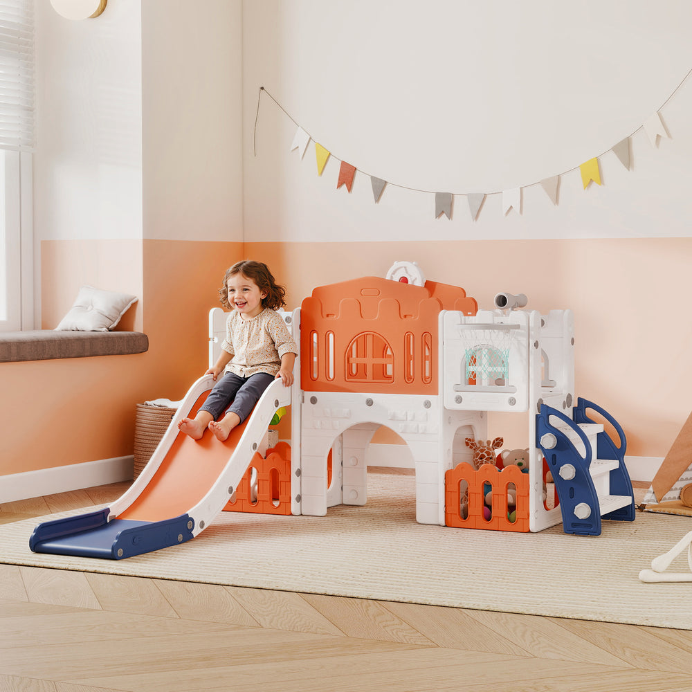 7-in-1 Toddler Slide with Basketball Hoop, Climbing Structure, Telescope, Tunnel and Flying Machine