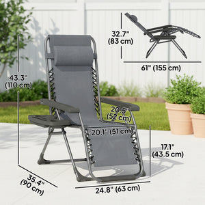 Set of 2 foldable and reclinable outdoor lounge chairs with cup holder and headrest, dark grey