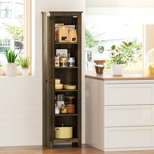 Tall storage cabinet with barn door and adjustable shelves, brown