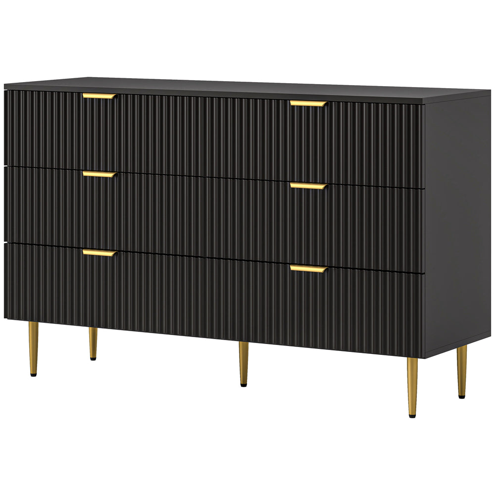 Modern 6 Drawer Bedroom Dresser with Gold Legs and Handles, Black