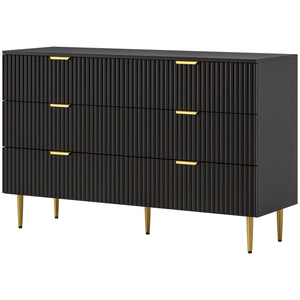 Modern 6 Drawer Bedroom Dresser with Gold Legs and Handles, Black