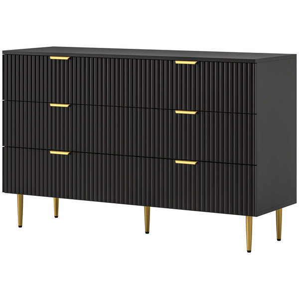 Modern 6 Drawer Bedroom Dresser with Gold Legs and Handles, Black