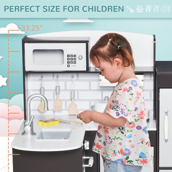 Kids' Kitchen with Water Fountain, Microwave and Accessories, Dark Brown