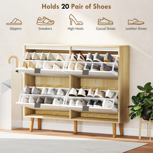 Narrow shoe cabinet, high-gloss finish, with 4 drop-down drawers and adjustable shelves, for 20 pairs, white