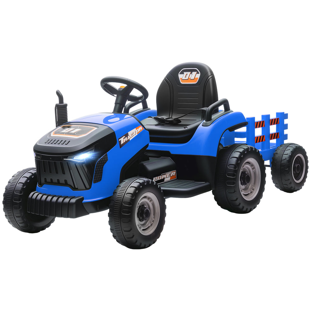 12V blue tractor with trailer, remote control, music, lights, gear lever