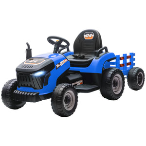 12V blue tractor with trailer, remote control, music, lights, gear lever