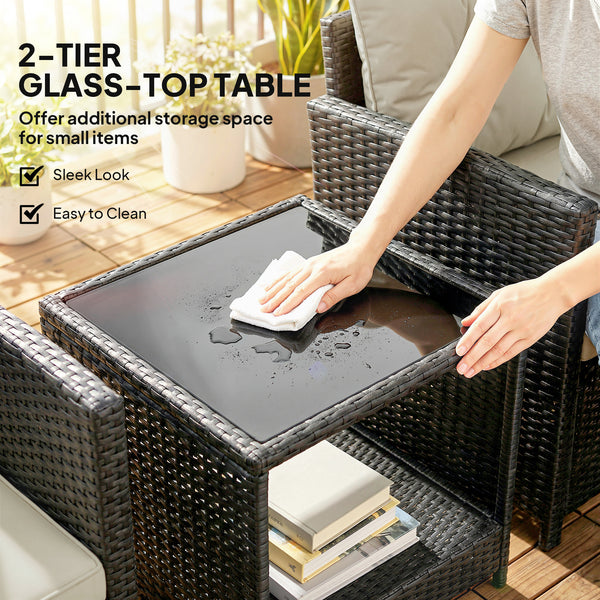 3-Piece Woven Resin Patio Furniture Set with Two-Tier Table and Glass Top, Beige