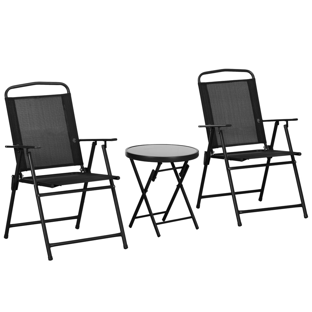 3-piece folding bistro set with mesh chairs and glass table, black