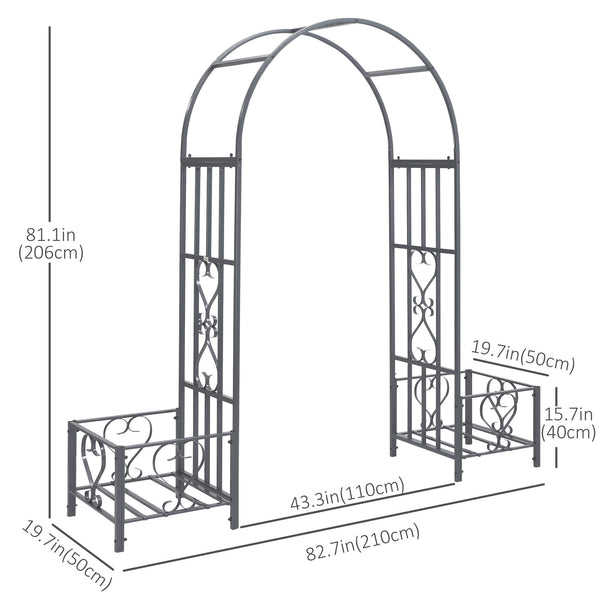 Metal garden arch with 2 planters, dark grey