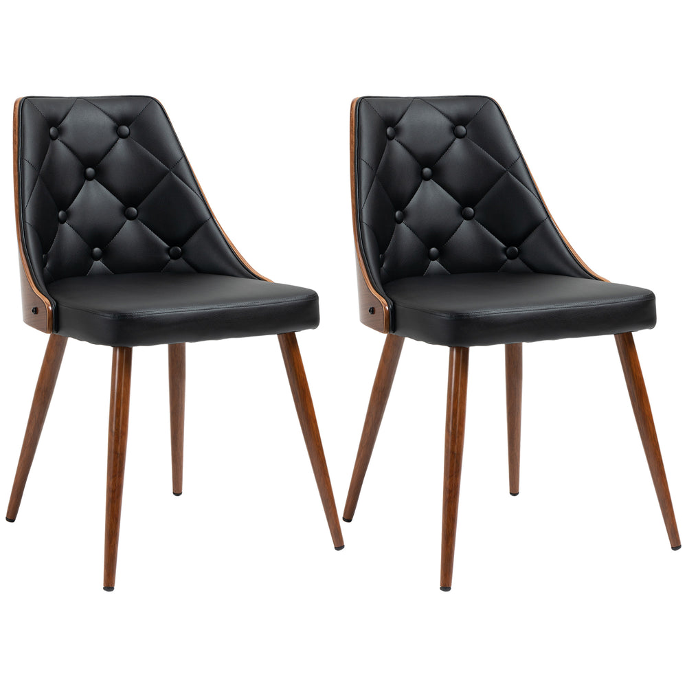 Set of 2 upholstered dining chairs, faux leather upholstered seats and steel legs, black