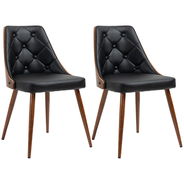 Set of 2 upholstered dining chairs, faux leather upholstered seats and steel legs, black