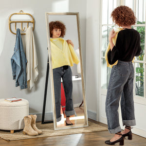 Full length standing mirror with frame, dark wood grain