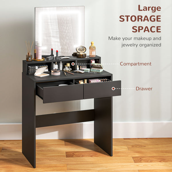 Dressing table with LED lighting, drawers and compartments, black