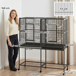 Large double bird cage with removable divider, stand with wheels and accessories – Black