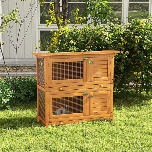 2-level wooden hutch with pull-out tray and opening lid