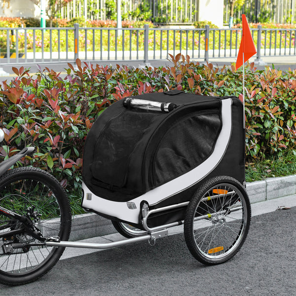 Dog bike trailer with hitch, reflectors and flag, white
