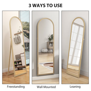 Full length arched floor mirror with faux stone frame, beige