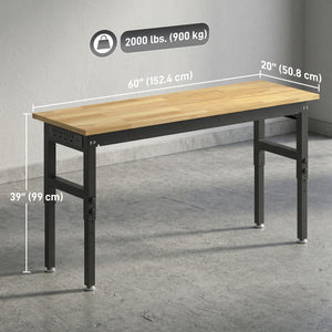 60-inch heavy-duty height-adjustable workbench with power outlets, USB ports, and pegboard – Natural wood and black