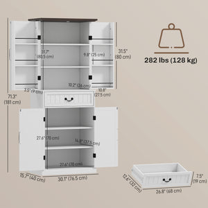 Country style storage unit with door shelves and LEDs, aged white